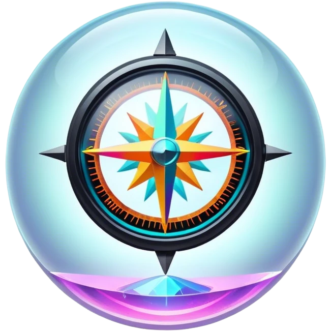 A glowing holographic compass with vibrant neon colors, inside a crystal-clear floating sphere emoji