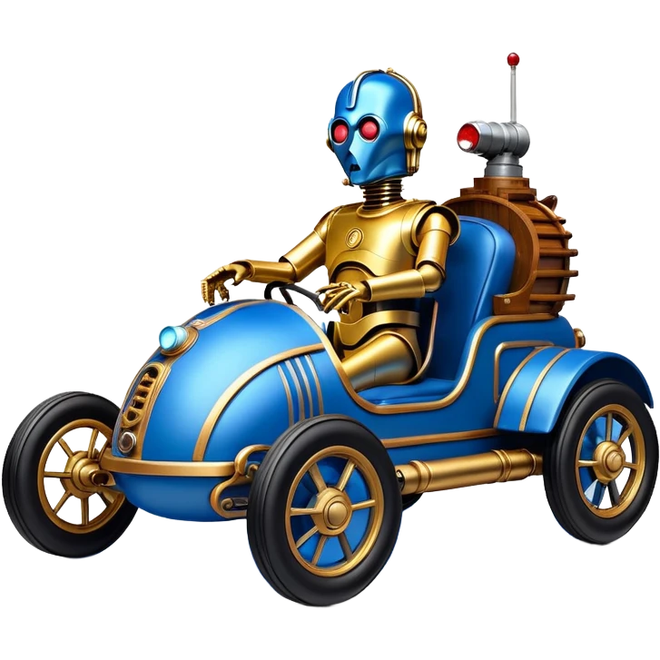  tarnished blue neon underglow C-3PO ghost buster 1964 delicately ornate rosegold wood accents Model-T bucket barrel powered by electric motors and batteries with racing safety belts while flying rapidly roughening terrain stable on strong agile advanced suspension and steering emoji