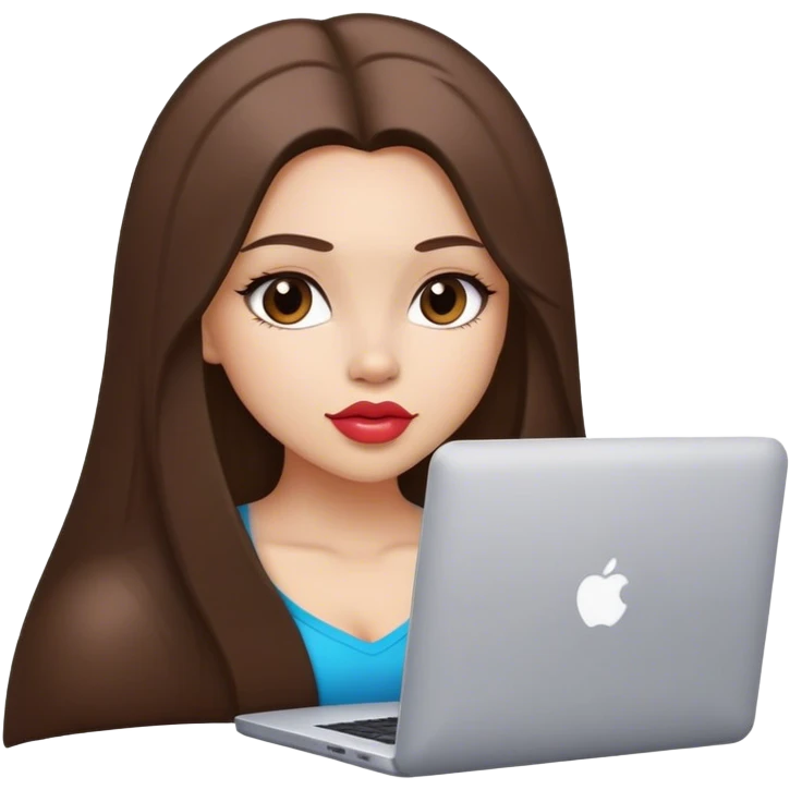 Glamour, plump lips, beautiful sexy girl, with long straight brunette hair, with laptop working emoji