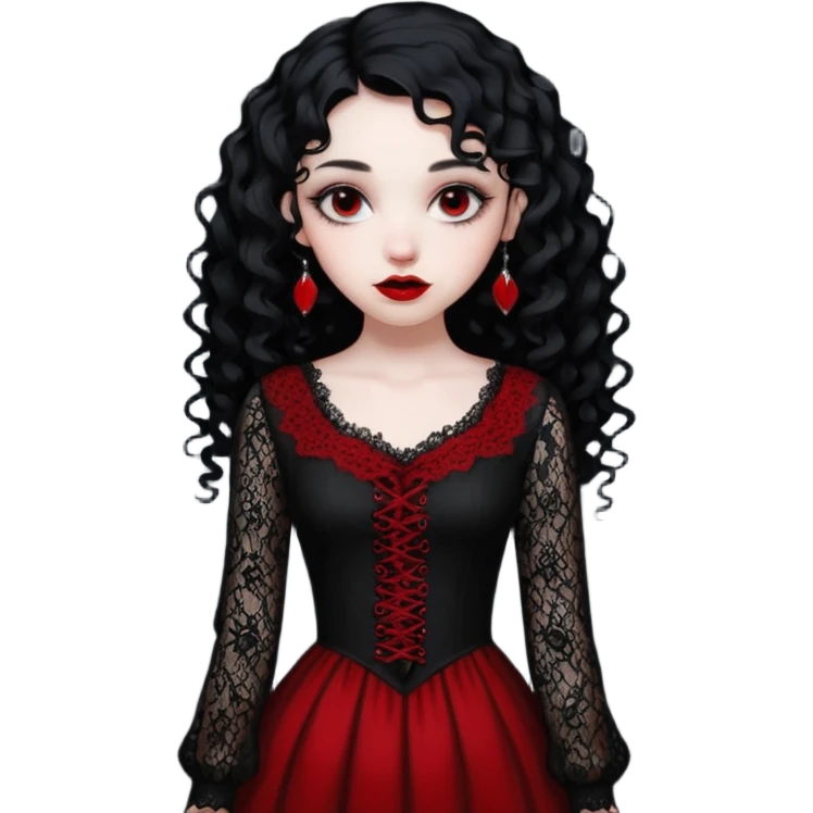 A girl with a red goth vampire look in a black and red goth lace dress with long sleeves and long black curly hair bold look on her face emoji