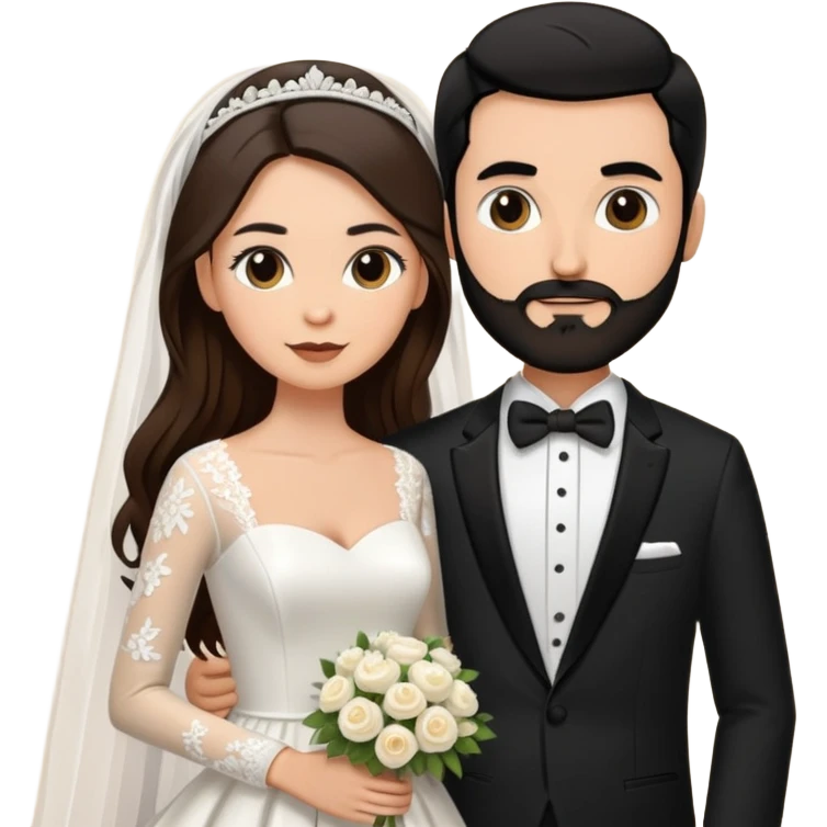 bride with long sleve dress, long brown hair and groom with black tux, short black beard and buzzed black hair emoji