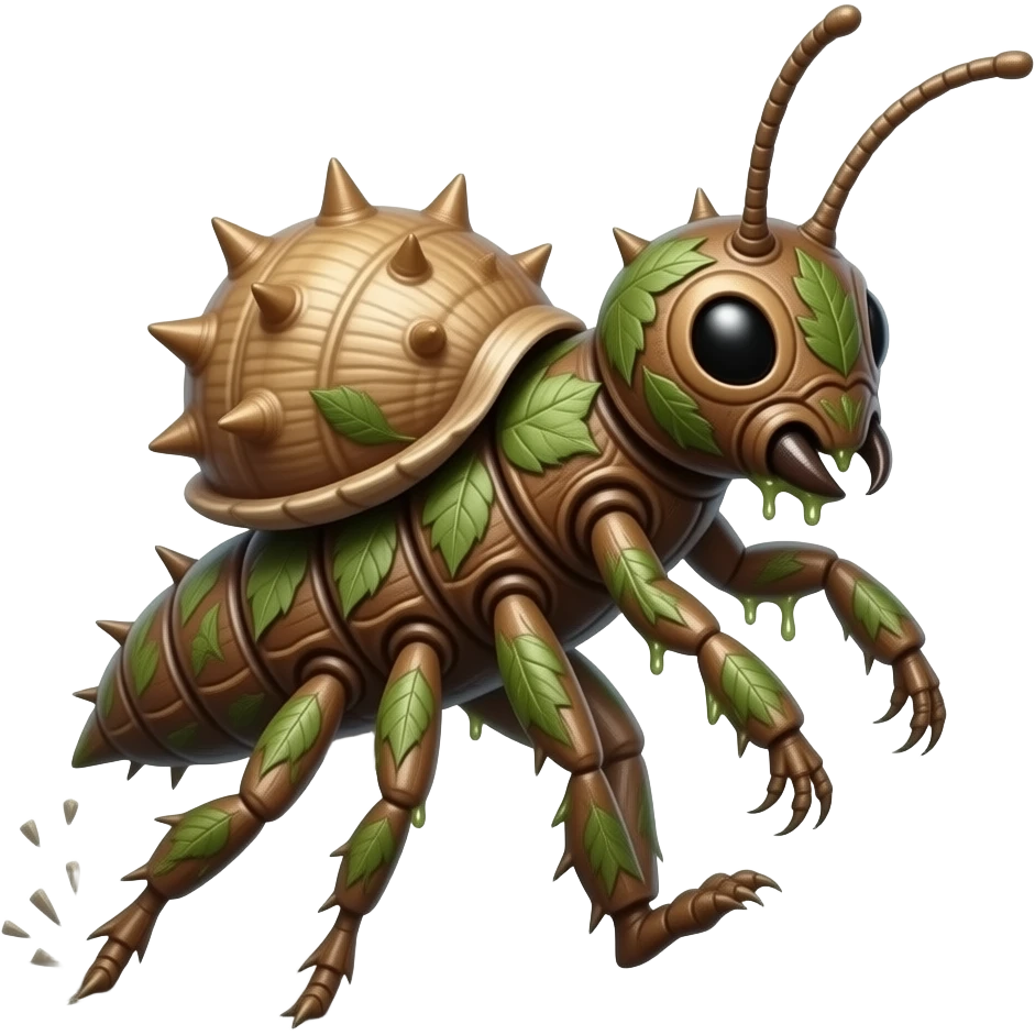 A flying forest Walkingsticks crawler with sticky sap running through cracks in its bark-like body. it's made of bark but has a shell on its back, it has spikes and runs fast with all its limbs. It's full of leave markings, and looks like a Walkingstick insect with a bark body. emoji