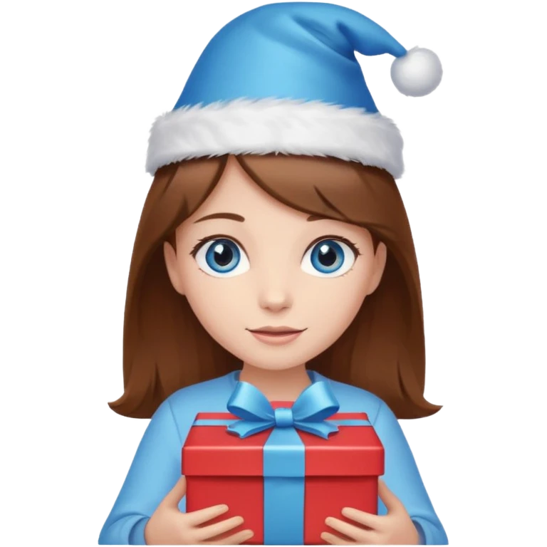 excited girl with brown hair and blue eyes, holding a present and wearing a birthday hat emoji