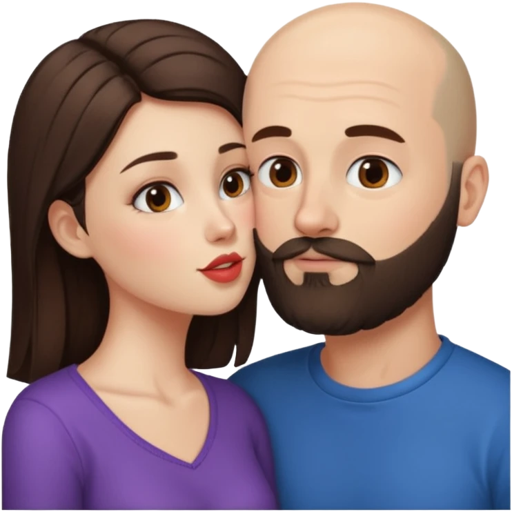 Brunette girl kissing bald guy with beard emoji