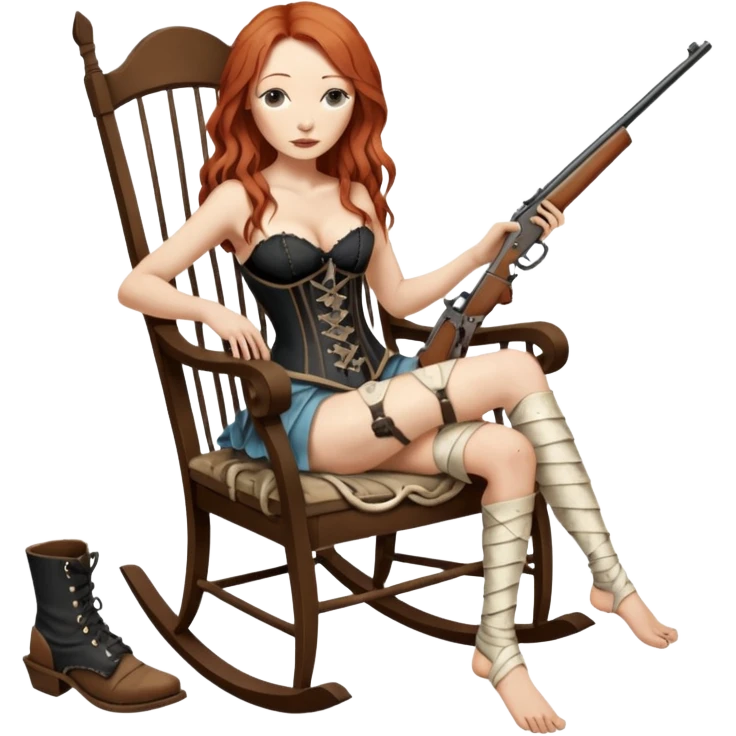 realistic cinematic Tori Amos sits on a rocking chair in a torn corset, holding an antique rifle and her bare feet are muddy. A white snake is wrapped around the chair. emoji
