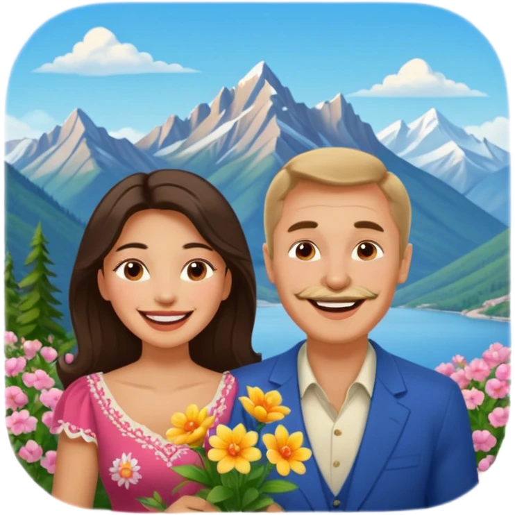 Laughing Couple traveling in Montenegro russian man and elegant  Latina girl delicate flowers and mountains in the background emoji