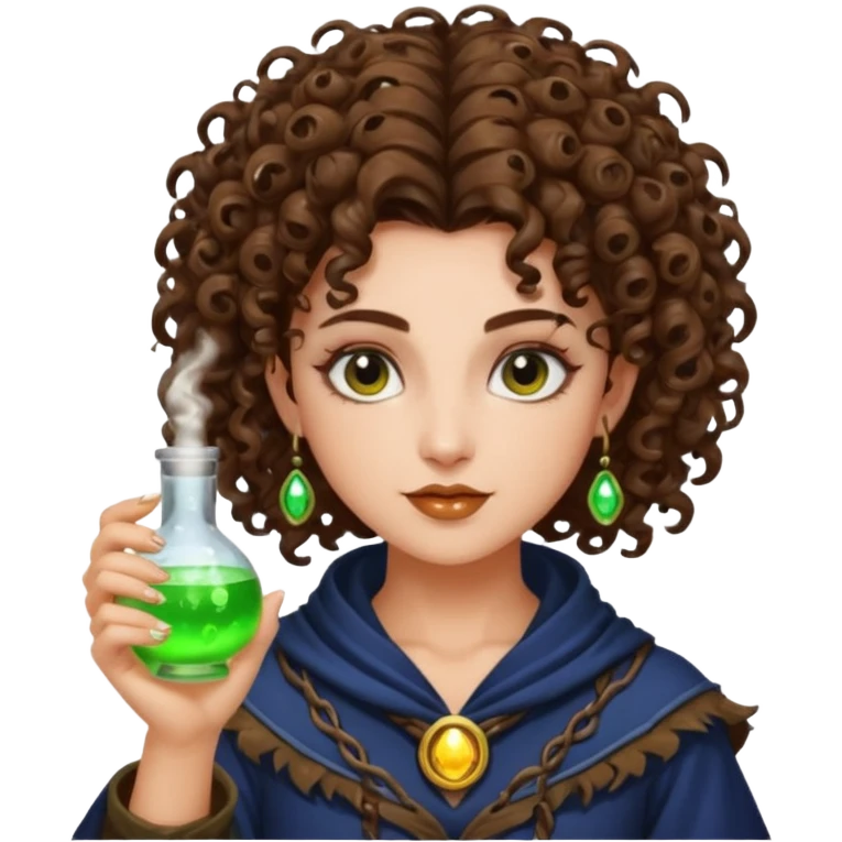 moon punk druid woman short tight curly brown hair glowing potion emoji