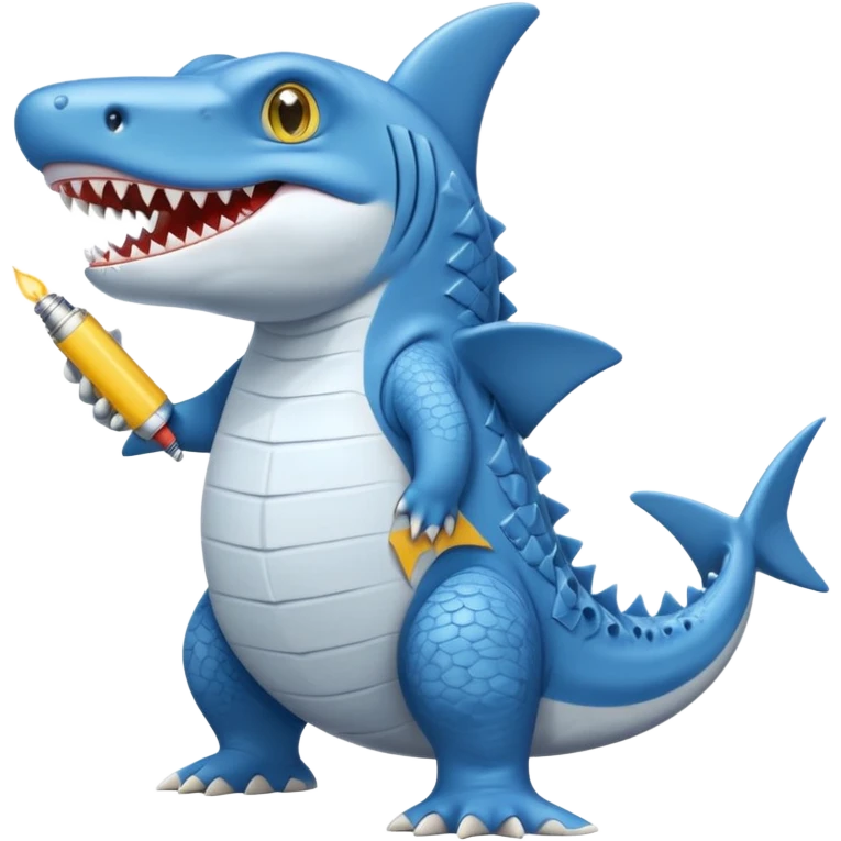 Appearance: The character is predominantly blue with a lighter belly and yellow eyes.
Features: It has large teeth, a shark-like fin on its back, and a tail.
Attire: The crocodile is wearing a pair of light blue and white sneakers.
Pose: It is standing upright on its hind legs. emoji