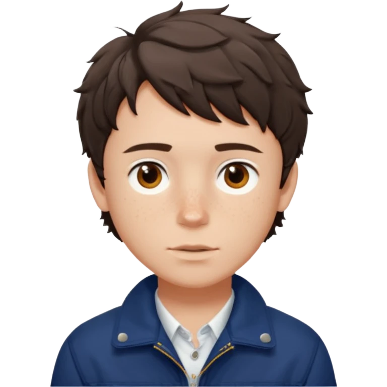 Owen Cooper in dark brown short and choppy fringe short wavy hair with brown eyes, freckles on his cheeks, wearing deep blue jacket and white shirt emoji
