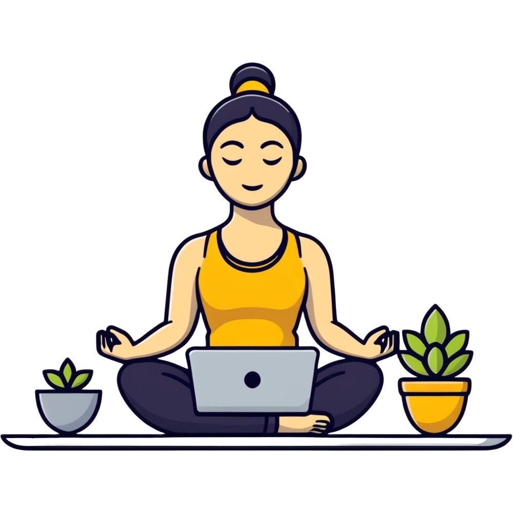 cartoon sticker of a yoga teacher meditating with a laptop beside her emoji