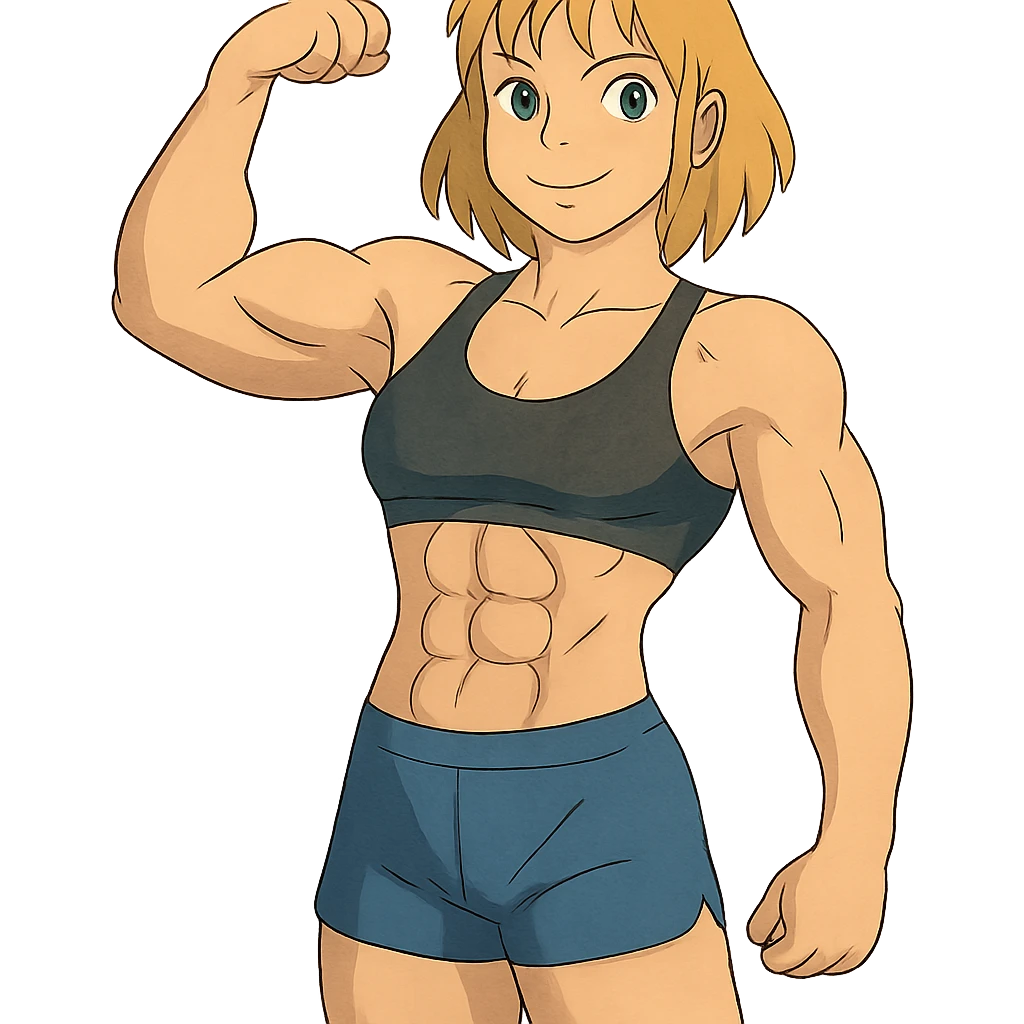full body pose of a muscular white girl with blonde hair and green eyes, flexing 6 pack abs and one arm bicep emoji