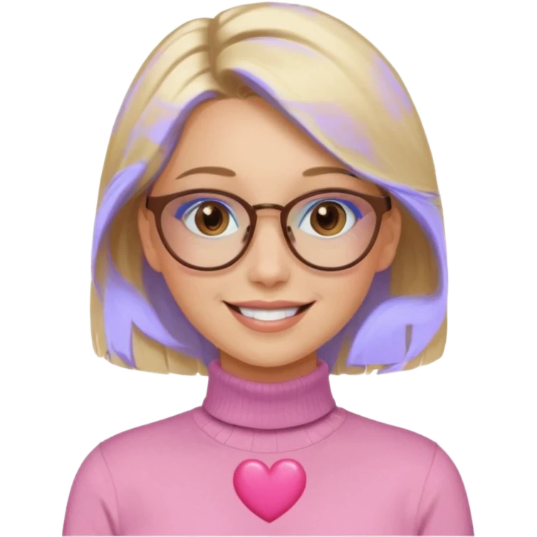 Asthectic pretty Blonde women brown eyes, blue glasses, wearing a brown polo neck shirt and smiling with a pink heart around her. emoji