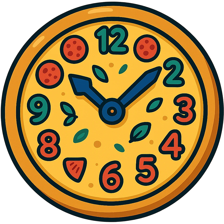 a round pizza with clock hands and numbers made of toppings, cartoon style emoji