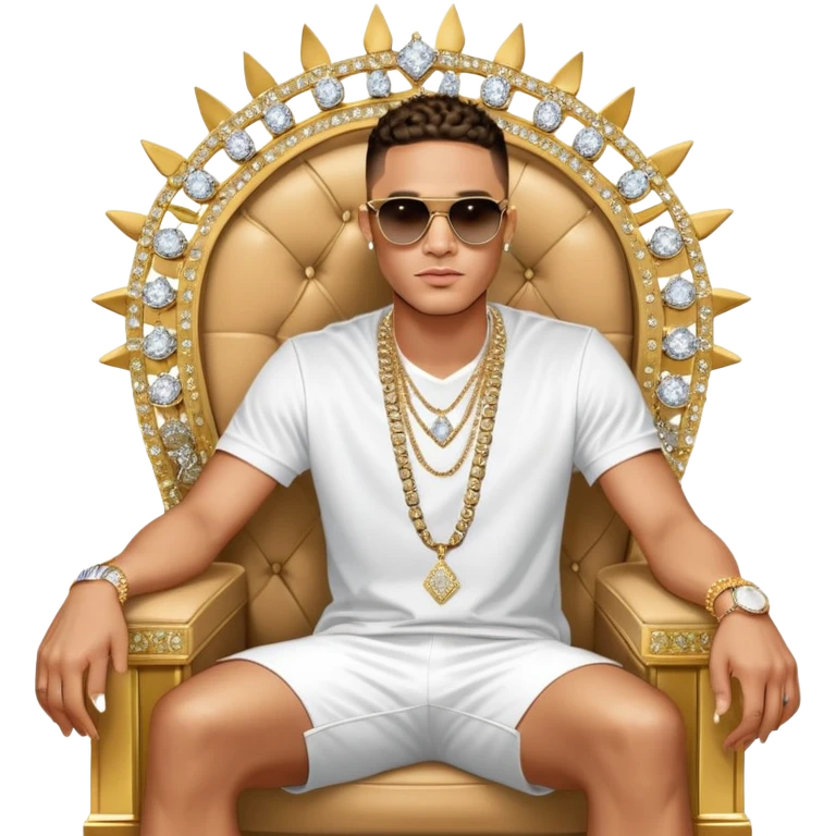 Celebrity millionaire entrepreneur Josh King Madrid, designer fit, 3 diamond sparkling tennis chains, seated on a massive gold throne, sunglasses on, lightskin tan tone, diamond sparkle earrings, private jet behind him emoji