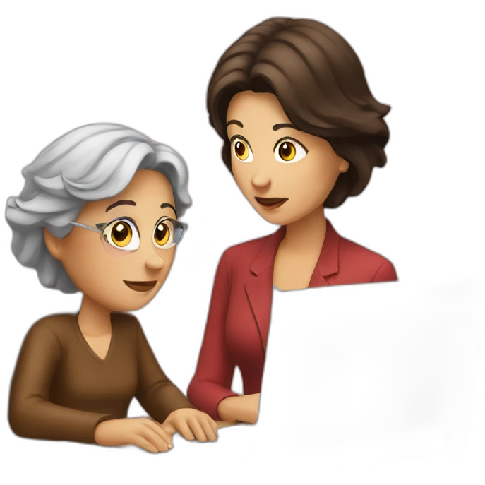 Brunette sitting opposite old woman looking at laptop emoji