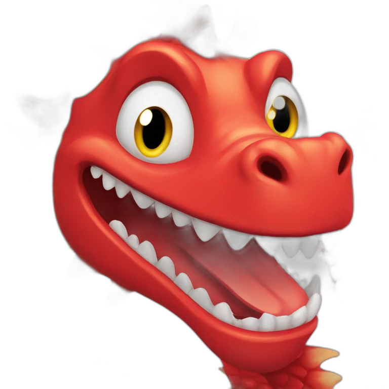 Crazy Happy funny red dragon head with human white teeth and beautiful smile emoji