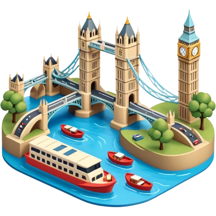 Isometric illustration of London with Tower Bridge over a small river section, toy-style boats, Big Ben peeking in background, vibrant yet muted colors, in miniature diorama style. emoji