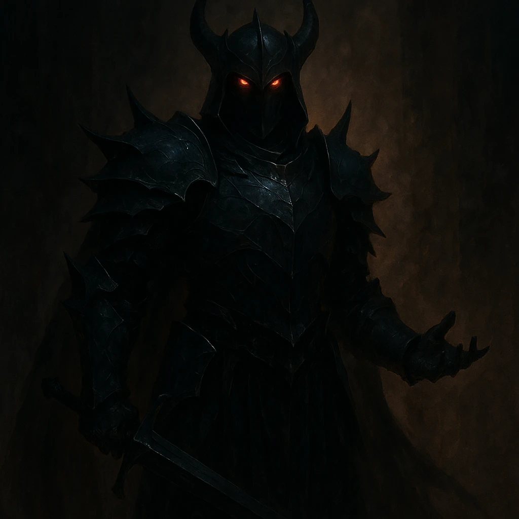 Nightvow, a captain in the DARK army, mysterious and commanding, dark armor, glowing eyes, fantasy villain, dramatic lighting emoji