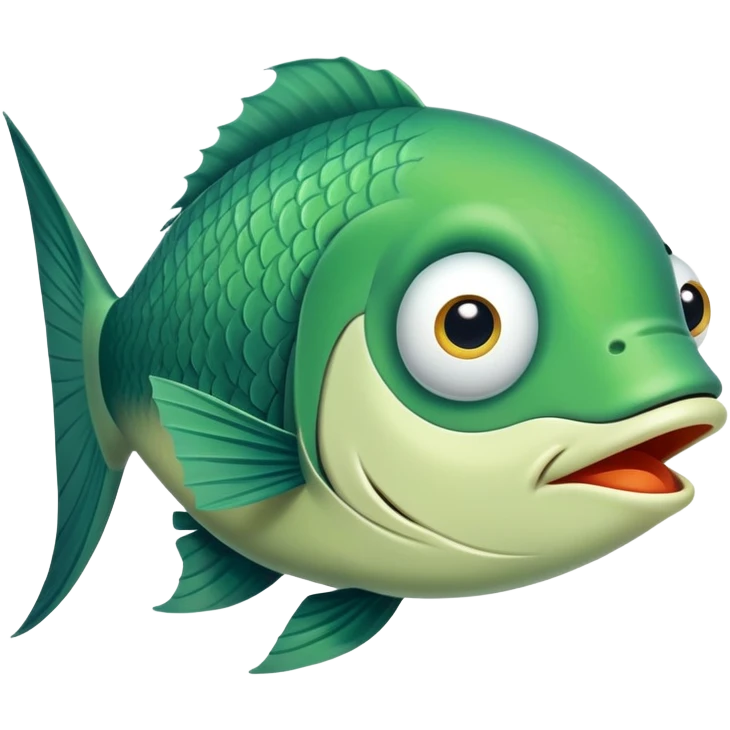 super derpy green fish with droopy eye and goofy overbite, perfect flat side profile facing right, exactly 90 degrees, completely 2D like a paper cutout, only one eye visible, absolute side view emoji