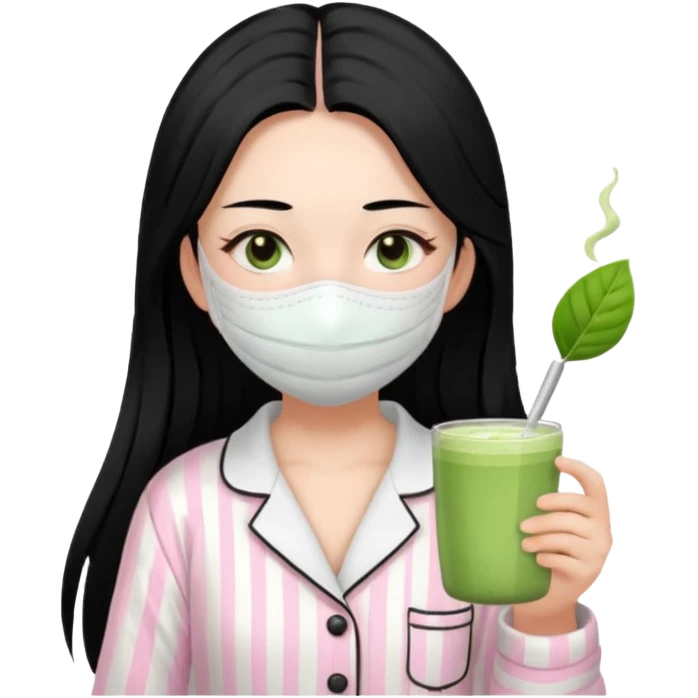 chica de pelo lacio color negro cabellera larga piyama blanca con rayas rosa claras peo no tan claras no oscuras el bordado es negro al igual que los botones )tiene una mascarilla para la cara una mascarilla faciial blanca y sostiene un matcha  y es de test blanca  emoji