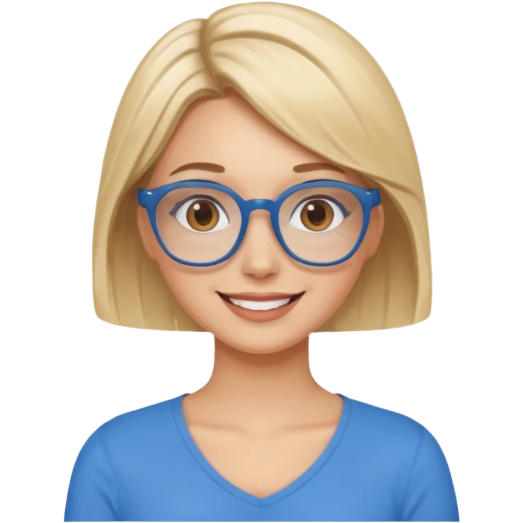 Asthectic pretty Blonde women brown eyes, blue glasses, waring a brown top smiling with hearts around her. emoji