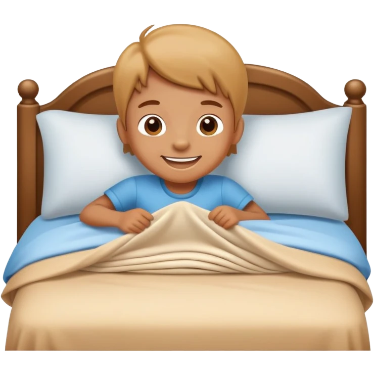 child making their bed, smiling, clean and friendly emoji