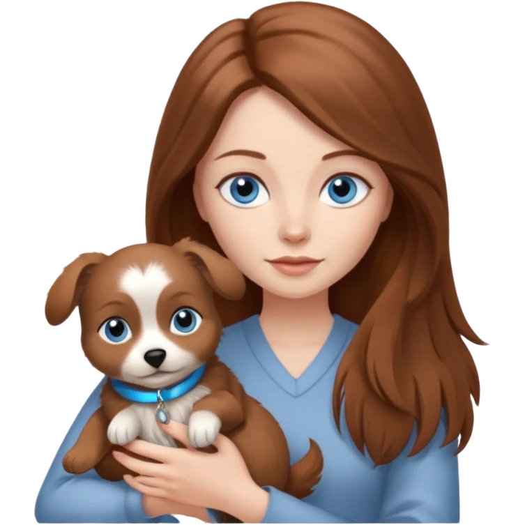 long hair chestnut color blue eyes woman holding small grey dog emoji