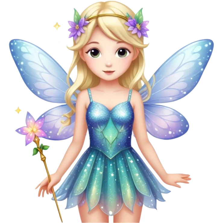 Cute fairy girl with delicate wings, sparkly wand, floral dress, and magical glitter emoji