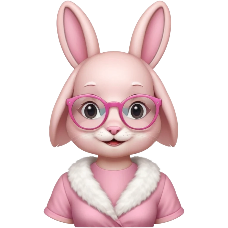 Pink bunny with big circular glasses, smiling, half body with dress emoji