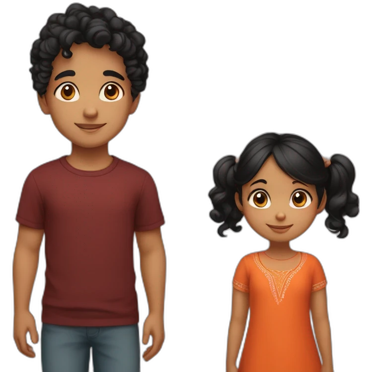 smiling 3 years old indian girl with black curly hair in pigtails wearing a orange dress with a smiling 3 years old white skin indian boy with straight black hair wearing a dark red sweater emoji