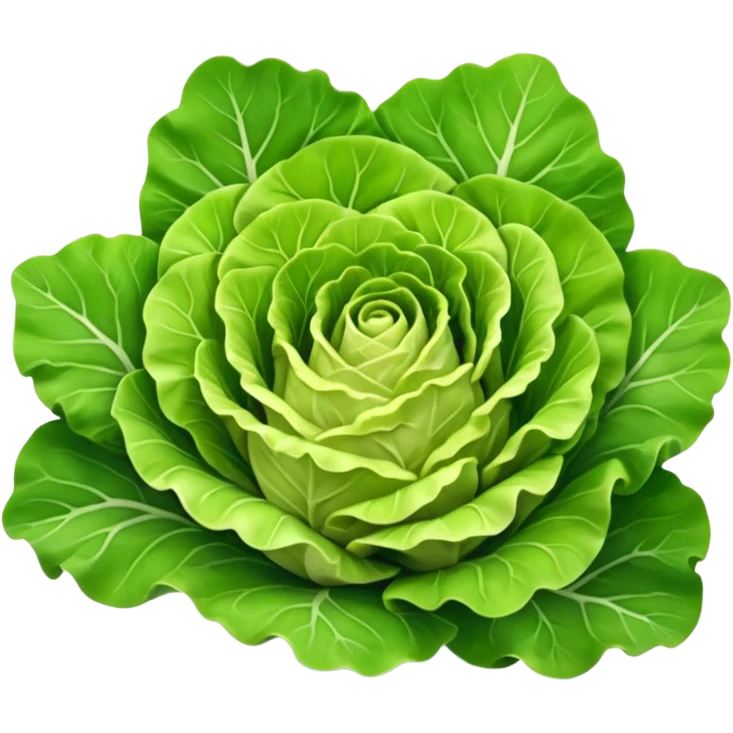 fresh head of lettuce, broad green leaves, crisp, curled edges, outer leaves deep green, inner leaves pale yellow, leafy, ruffled, natural veining, moist, base stem end visible, 3D, clean, minimal, soft shadows, transparent background, emoji scale emoji
