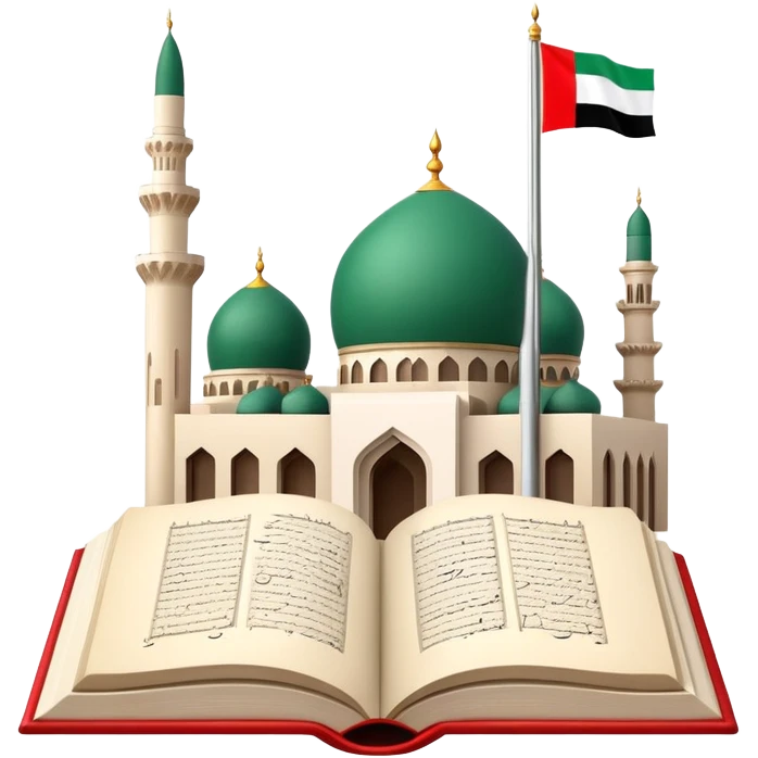 An icon featuring the mosque and the flag of United Arab Emirates, symbolizing the Arabic language. The design includes an open book with Arabic script and calligraphy, representing language learning and cultural heritage. Transparent background emoji