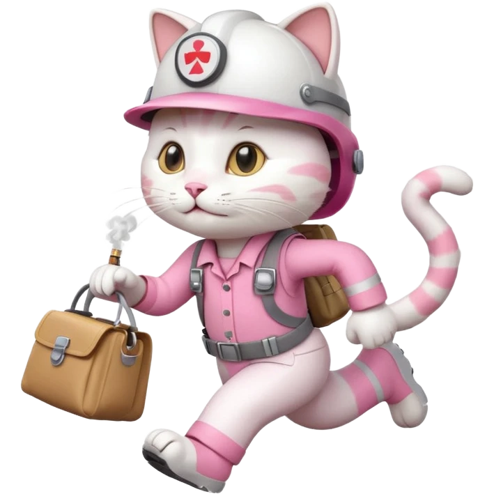 A Cartoonish cute white and pink funny cat cartoon style, dressed as engineer with a white helmet, running super fast carrying her cute bag, leaving a trail of smoking footsteps emoji