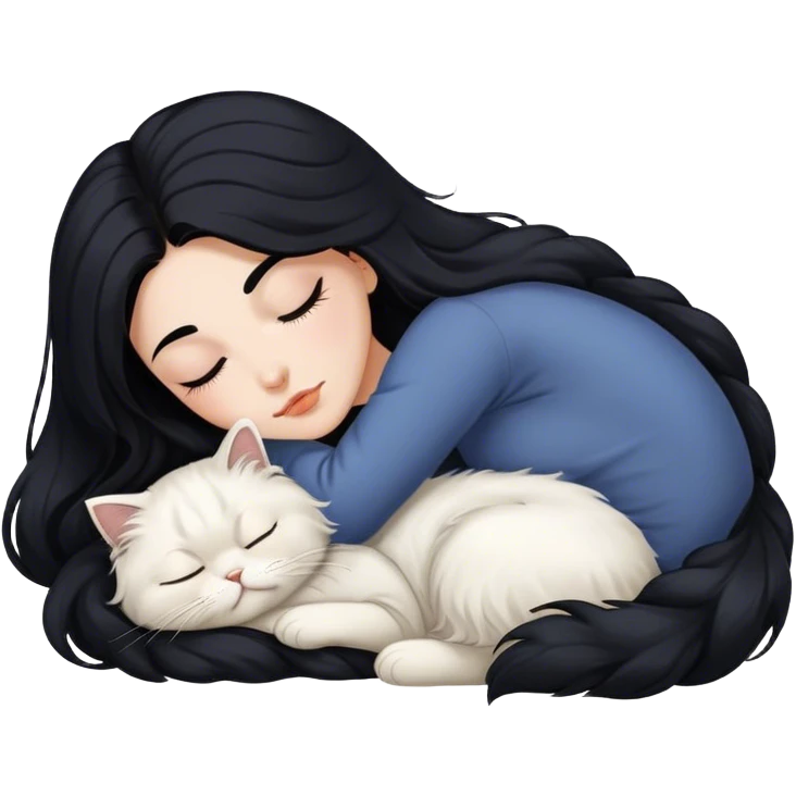 A pretty white girl with very long black hair and sleeping curled up to a Persian cat  emoji