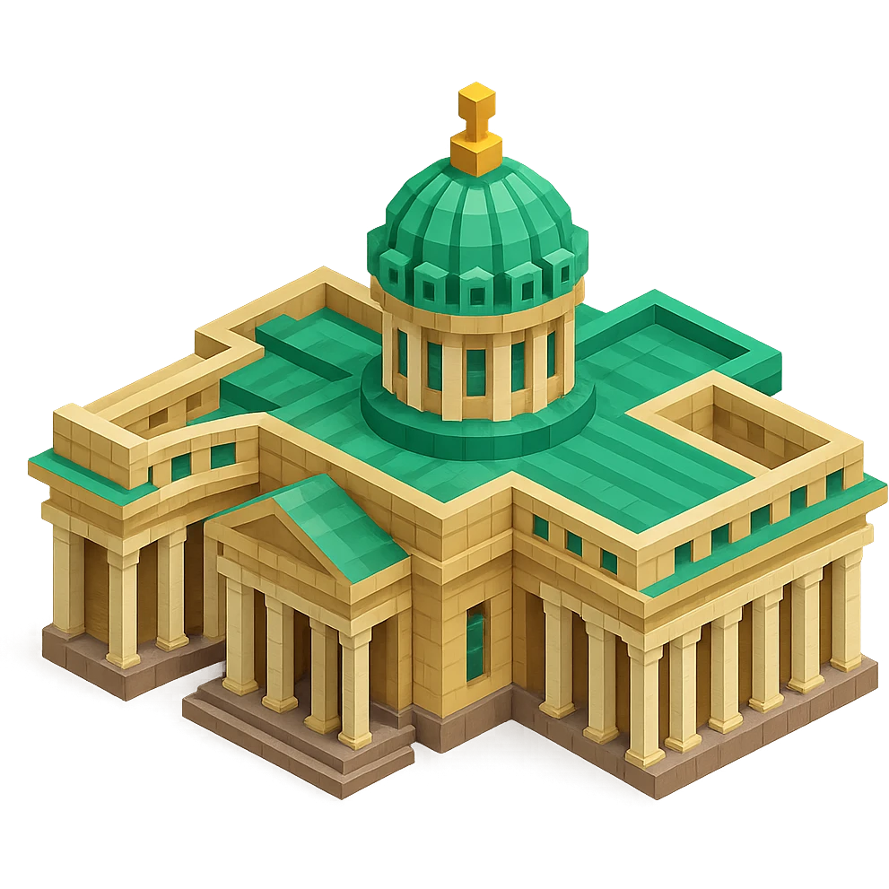 Kazan Cathedral of Saint Petersburg in voxel style, isometric view, realistic colors with light brown stone, green central dome, white columns emoji