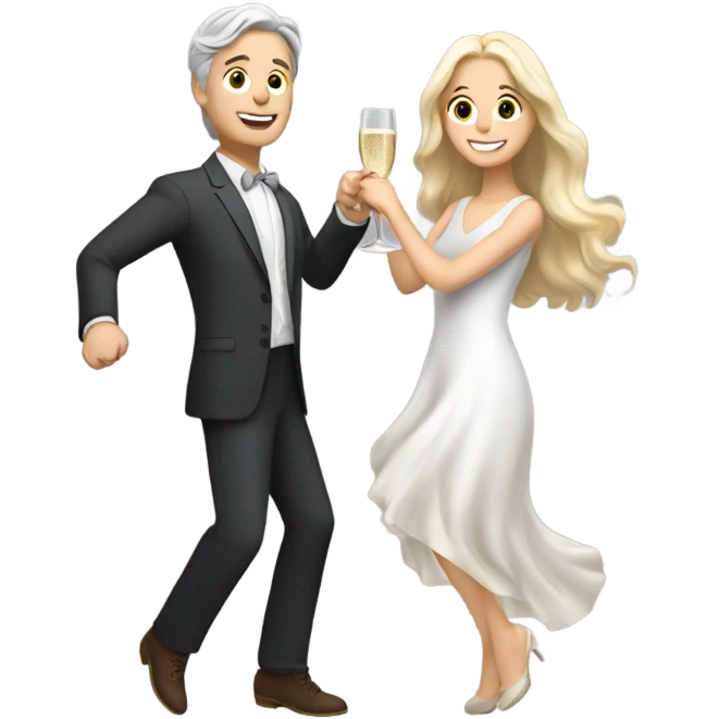 a white boy with gray hair and a girl with long blond wavy hair dancing with a glass of champagne emoji