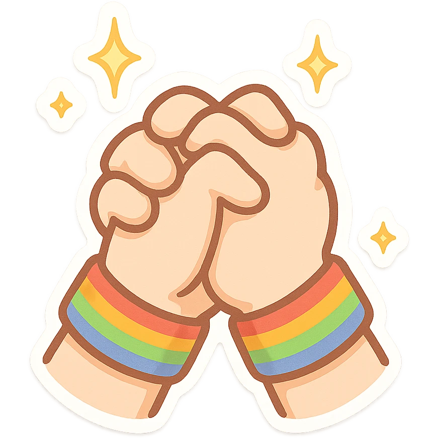 chibi sticker-style pair of clasped hands with sparkles and rainbow bracelets, cute and exaggerated emoji