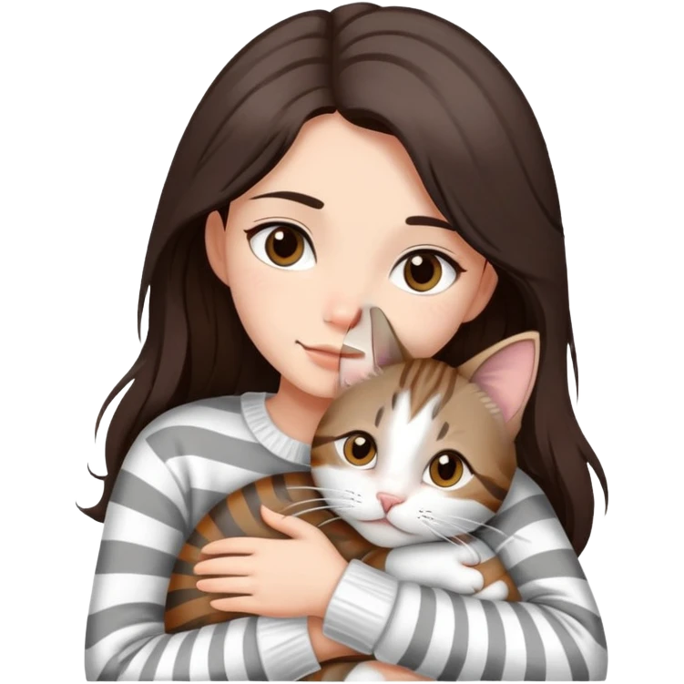 a girl with long dark brown hair, in a
white sweater and brown eyes, hugs a tabby
grey and white strips one cat.  emoji