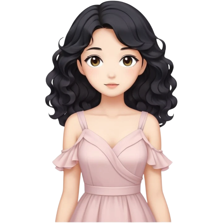 Gorgeous anime lady with elegant black wavy hair wearing a soft flowy feminine dress in pastel colors emoji