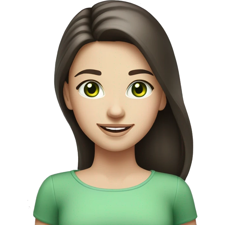  Caucasian smiling girl with long dark brown hair and green eyes and a round face and pink lips emoji