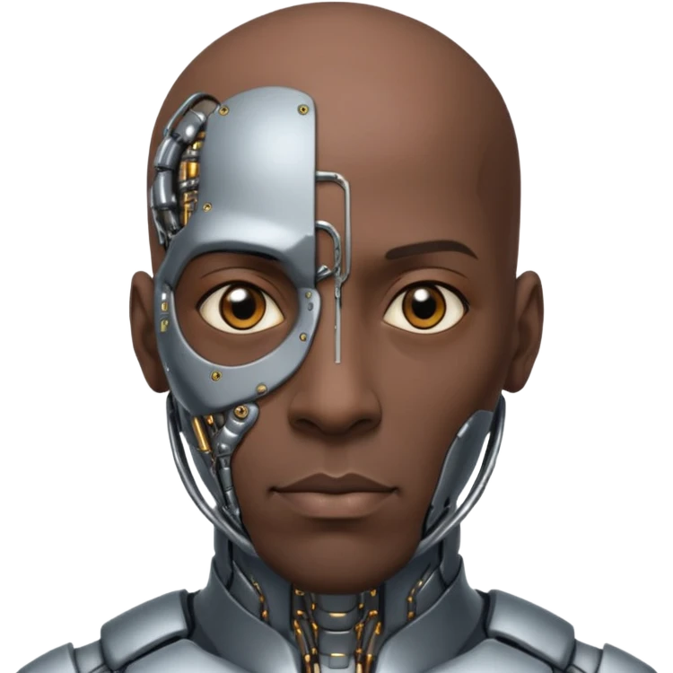 bald black man, vertical half of his face covered in cyborg augmentations emoji