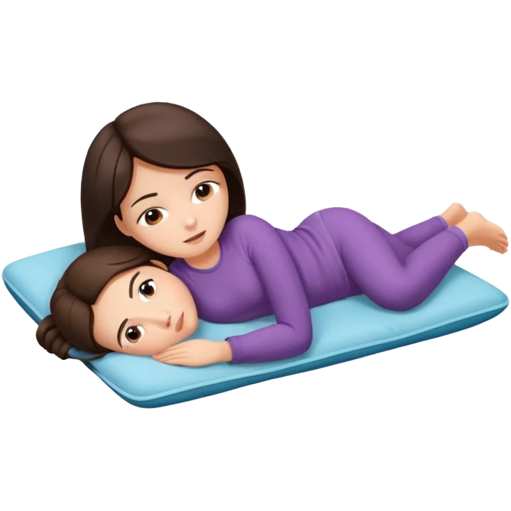  a brunette girl lying down on her side, holding a warm heating pad against her lower belly, she’s having bellyache emoji