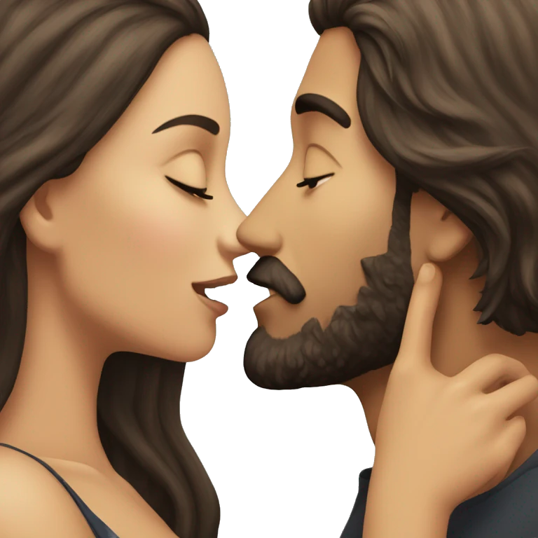 Brunette man with beard kissing brunette woman with long hair emoji