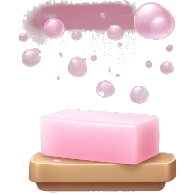 Light pink soap bar sitting on a soap holder, with soap bubbles  emoji