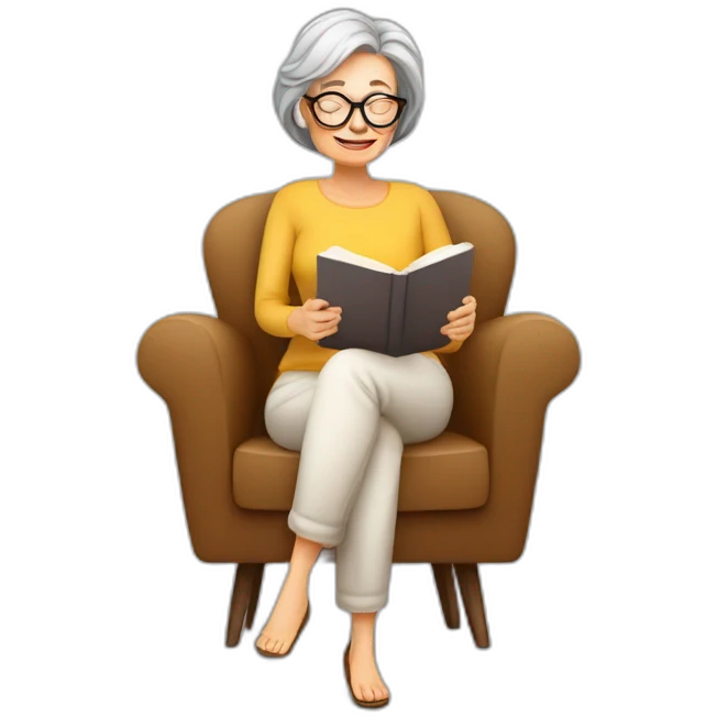 50 years old  woman, glasses, armchair, Reading at home, drinking a coffee, relax emoji