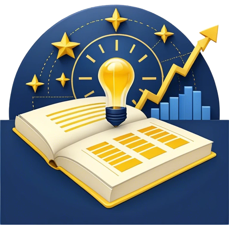 A yellow productivity book with navy blue and gold details, and chart with upward trend aura, radiating productivity, strategy, and success in motion with time and happiness yellow... power in time aura of happiness emoji