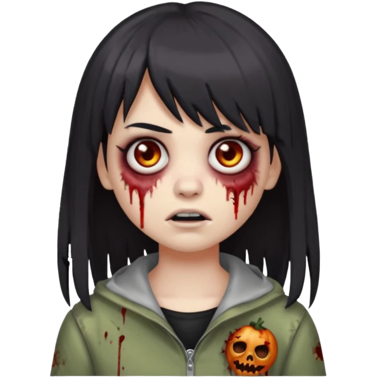 zombie emoji 🧟‍♀️ dark hair long her shoulders bangs emo and ragged haircut gray eyes emoji