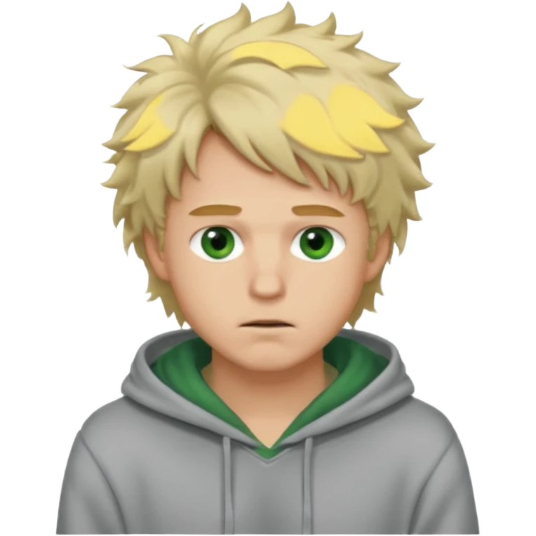 Hot, fluffy messy  hair blond guy with green eyes and grey hoodie closed mouth emoji