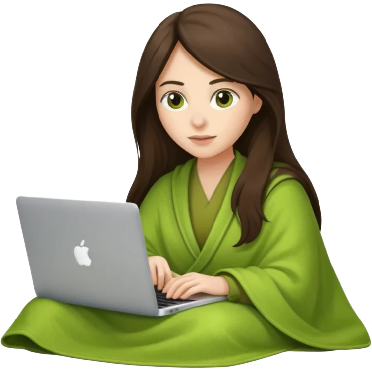 Brunette long hair woman inside a green pistachio color blanket working on her MacBook  emoji