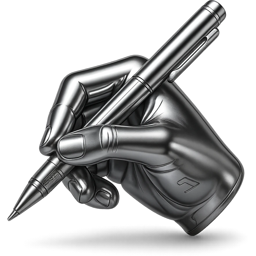 stylized chrome hand holding a shiny pen, writing on paper, futuristic and smooth emoji